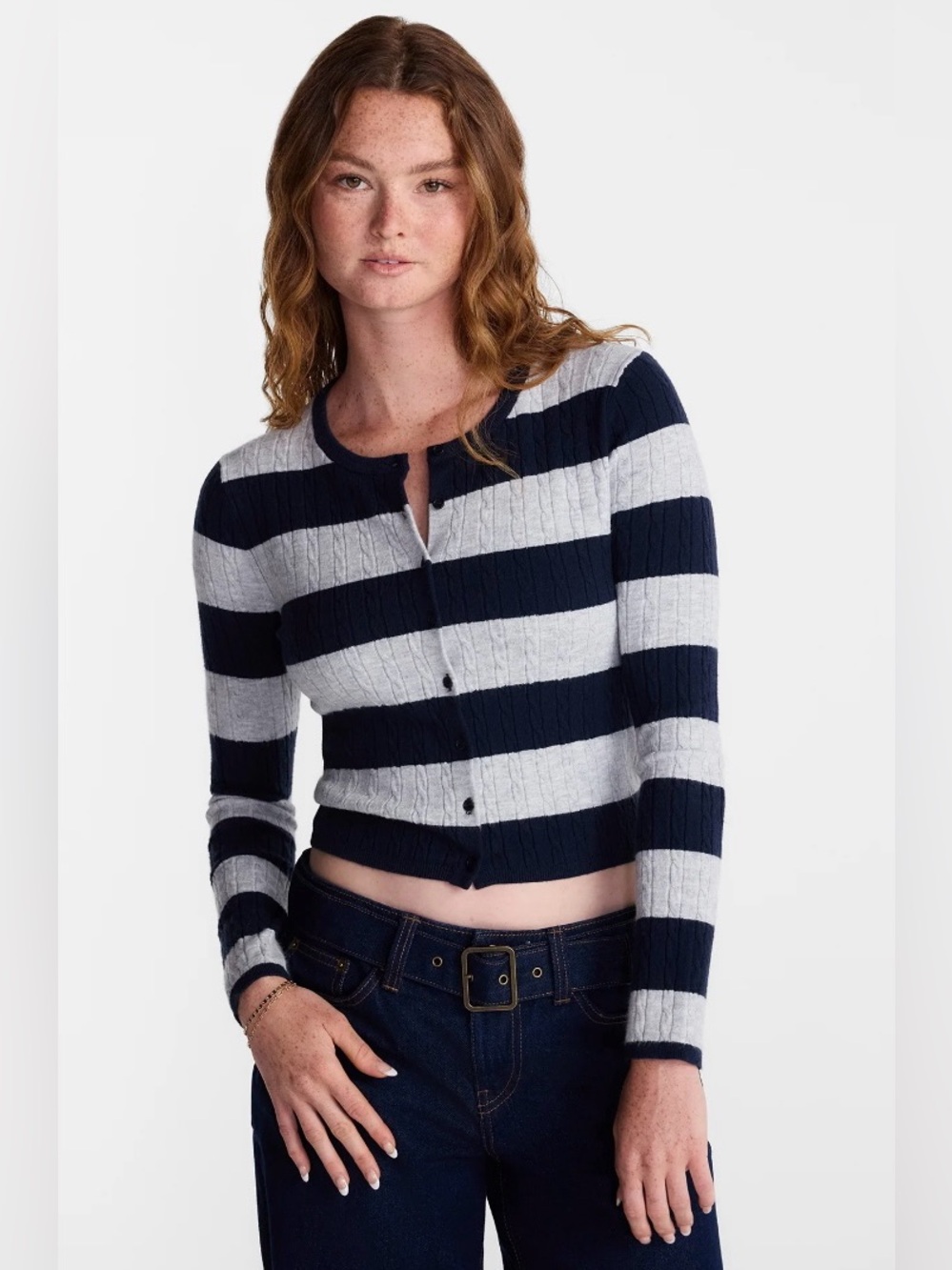NWT No Boundaries Navy and Light Gray Striped Button-Front Cardigan
